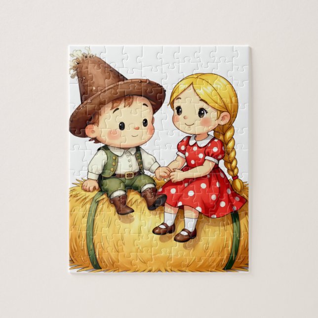 Puzzle Enfants de la campagne sur une botte de foin, (Vertical)