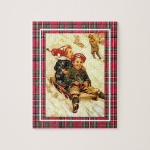 Puzzle Enfants S'Amuser Dormir Scene Hiver Vintage Plaid