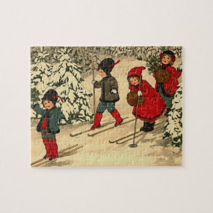 Puzzle Enfants vintage skiant à travers une forêt enneigé