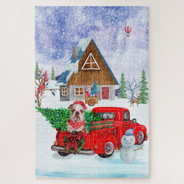 Puzzle English Bulldog In Christmas Delivery Truck Snow (Vertical)