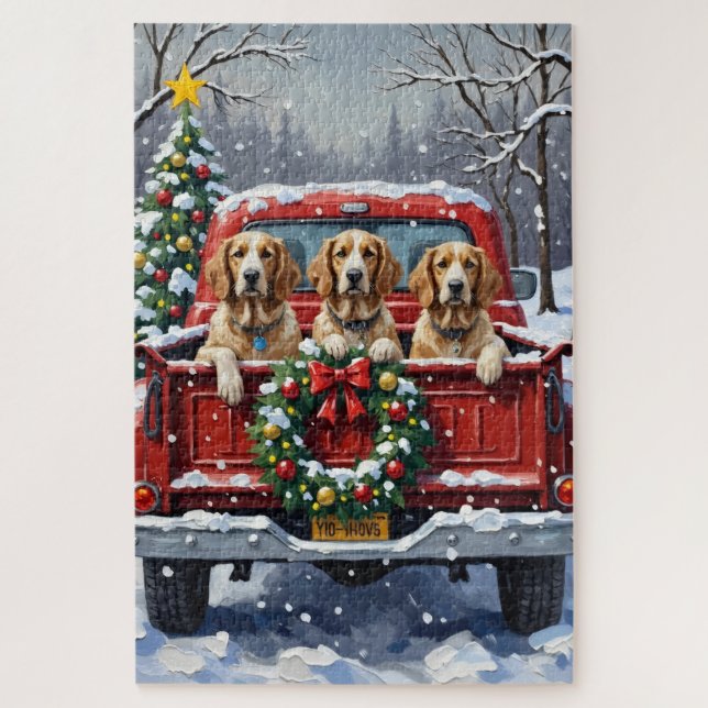 Puzzle English Setter Christmas Red Truck Holiday (Vertical)