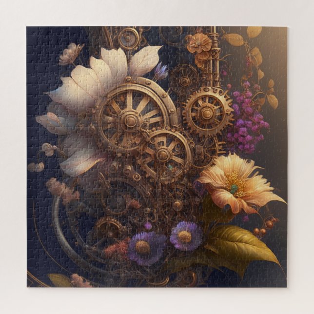 Puzzle Engrenages Steampunk et fleurs violettes et blanch (Vertical)