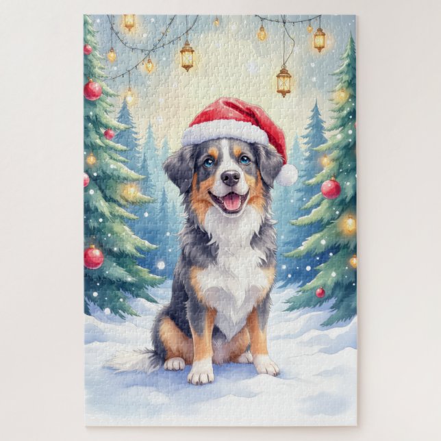 Puzzle Entlebucher Mountain Dog Forêt enneigée Père Noël (Vertical)