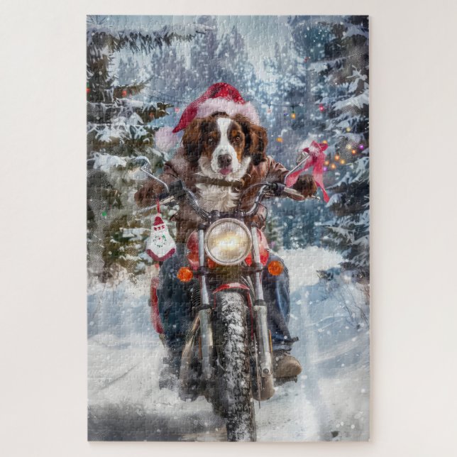 Puzzle Épagneul breton à moto Noël (Vertical)