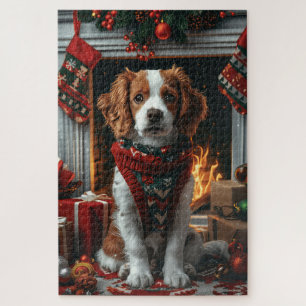 Puzzle Épagneul breton avec cheminée de cadeaux de Noël
