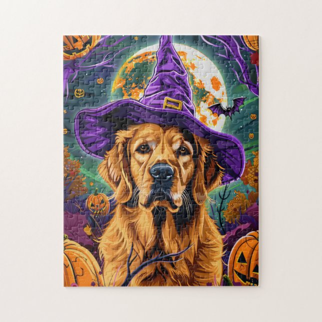 Puzzle Épouvantable Retriever doré Sorcière d'Halloween C (Vertical)