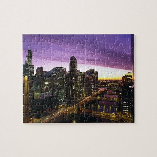 Puzzle États-Unis, IL, Chicago. Horizon et rivière de Chi (Horizontal)