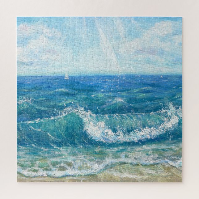 Puzzle Eté, vagues bleues, peinture acrylique. (Vertical)