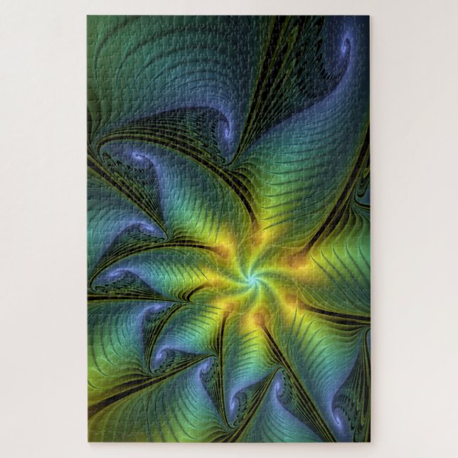 Puzzle Etoile Abstraite, Bleu brillant Vert Or Fractal Ar (Vertical)