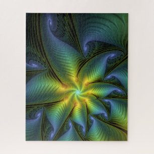 Puzzle Etoile Abstraite, Bleu brillant Vert Or Fractal Ar
