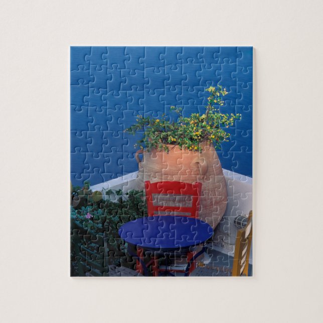 Puzzle Europe, Grèce, Santorin. Terrasse avec vue sur la  (Vertical)