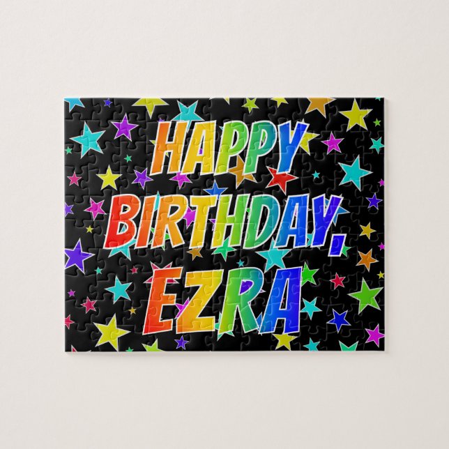 Puzzle "EZRA" Prénom, Amusant "HEUREUX ANNIVERSAIRE" (Horizontal)