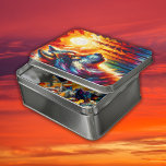 Puzzle Face de loup avec soleil et forêt |<br><div class="desc">Un magnifique loup fait face avec le soleil brillant dans l'arrière - plan dans la forêt dans un design coloré. Parfait pour la maison,  le bureau ou le présent. Puzzle.</div>