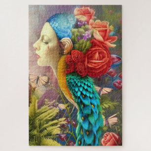 Puzzle Face féminine avec plumes florales et paon