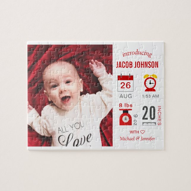 Puzzle Faire-part de naissance photo infographique rouge  (Horizontal)
