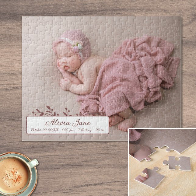 Puzzle Faire-part de naissance photo personnalisée pour b (Customizable Baby Girl Birth Announcement Photo Jigsaw Puzzle)