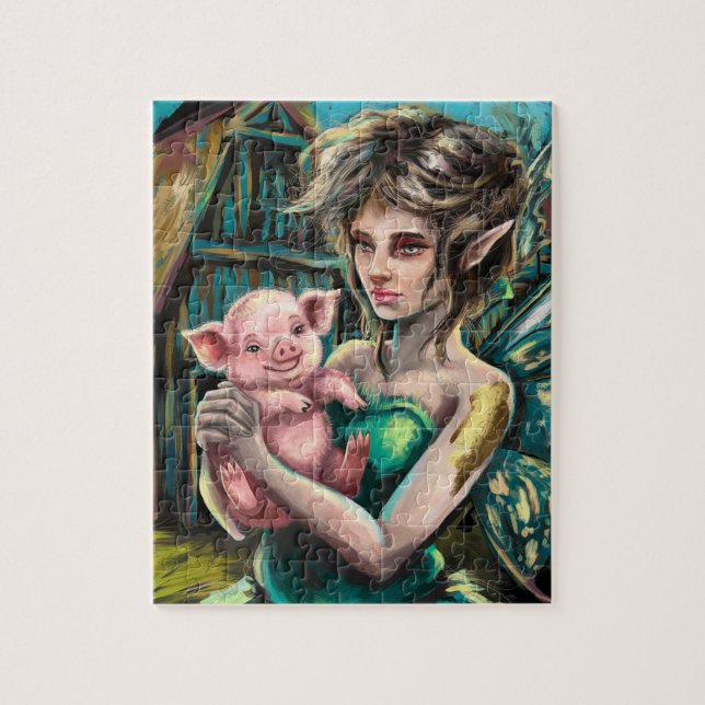 Puzzle Fairy and her Piglet on the Farm (Vertical)