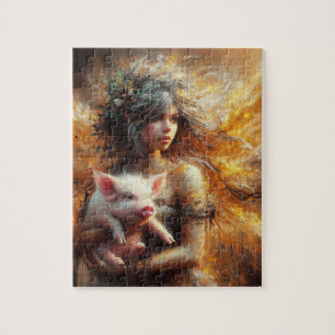 Puzzle Fairy Holding a Young Pig