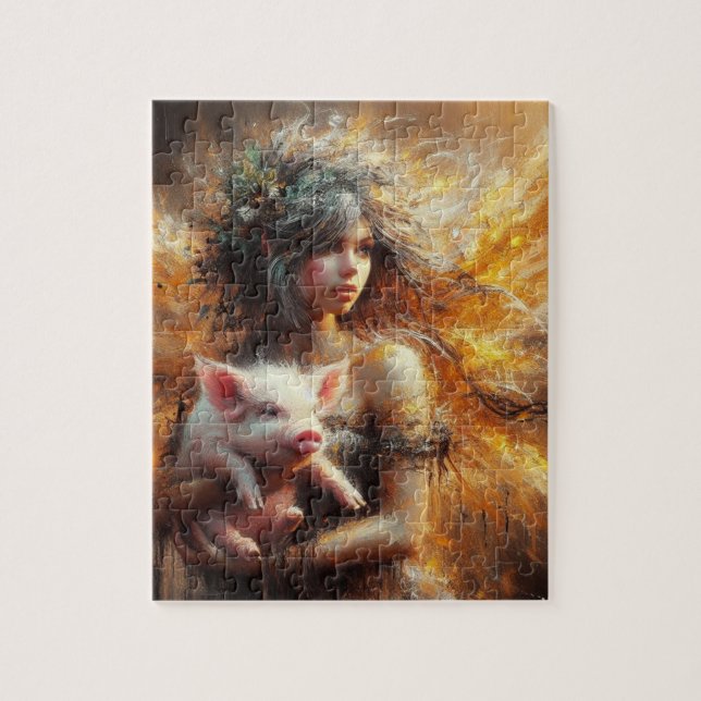 Puzzle Fairy Holding a Young Pig (Vertical)