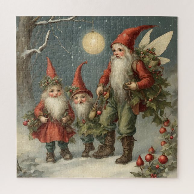 Puzzle Fairy Tale Christmas Gnome Family in Winter Forest (Vertical)