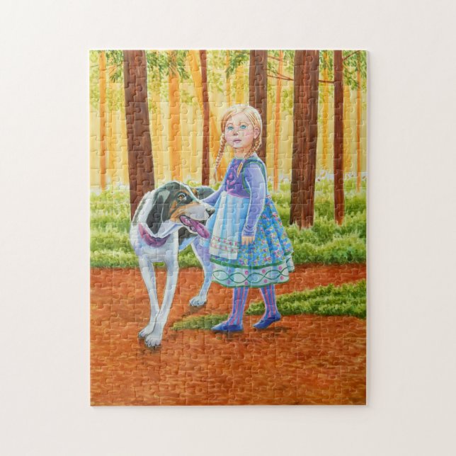 Puzzle Fairytale Girl with Hound in Forest (Vertical)