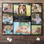 Puzzle Famille 8 Photo Collage noir<br><div class="desc">Un puzzle noir amusant pour les soirées de jeux de famille avec un collage photo de 8 de vos enfants,  d'autres membres de la famille,  des animaux de compagnie,  etc,  votre nom de famille en lettrage blanc élégant et les prénoms de chacun dans la typographie blanche moderne.</div>