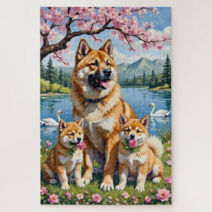 Puzzle Famille d'Akita Américain dans une Prairie d'Art