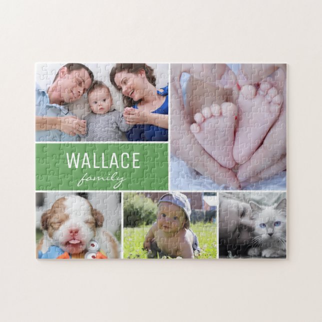 Puzzle Famille de collage photo vert personnalisé (Horizontal)