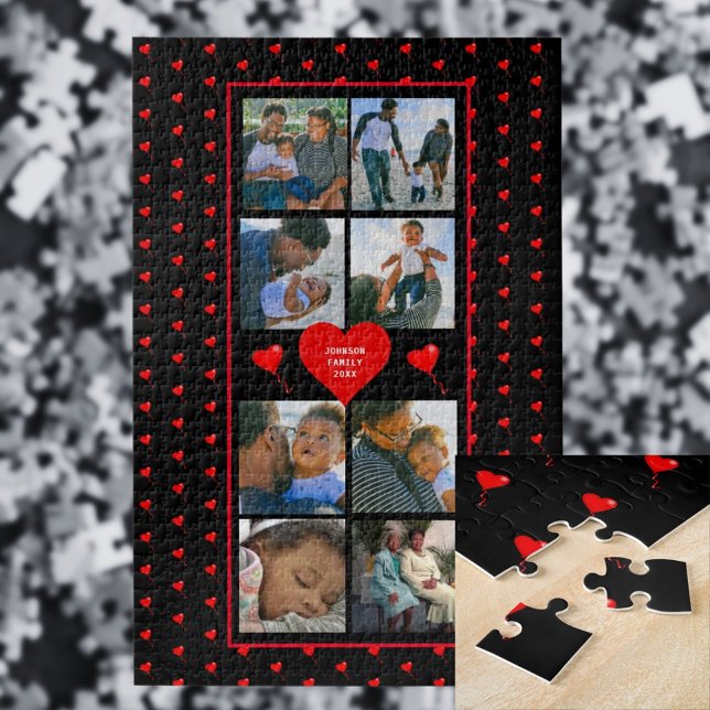 Puzzle Famille de collages photo Personnalisée Red Heart  (Photo Collage Family Personalized Red Heart & Name Jigsaw Puzzle)