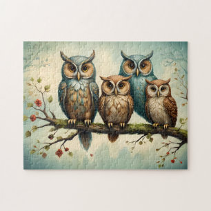 Puzzle Famille de hiboux sur une branche d'arbre