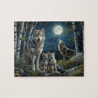Puzzle Famille de loups majestueuse sous la pleine lune e