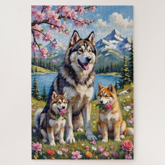 Puzzle Famille de Malamute d'Alaska dans une Prairie - Ar (Vertical)