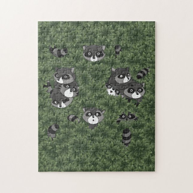 Puzzle Famille de ratons laveurs dans un buisson (Vertical)
