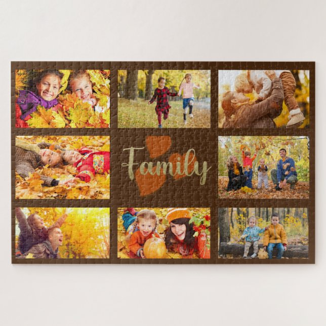 Puzzle Famille Photo personnalisée Automne Brown Gold Hea (Horizontal)