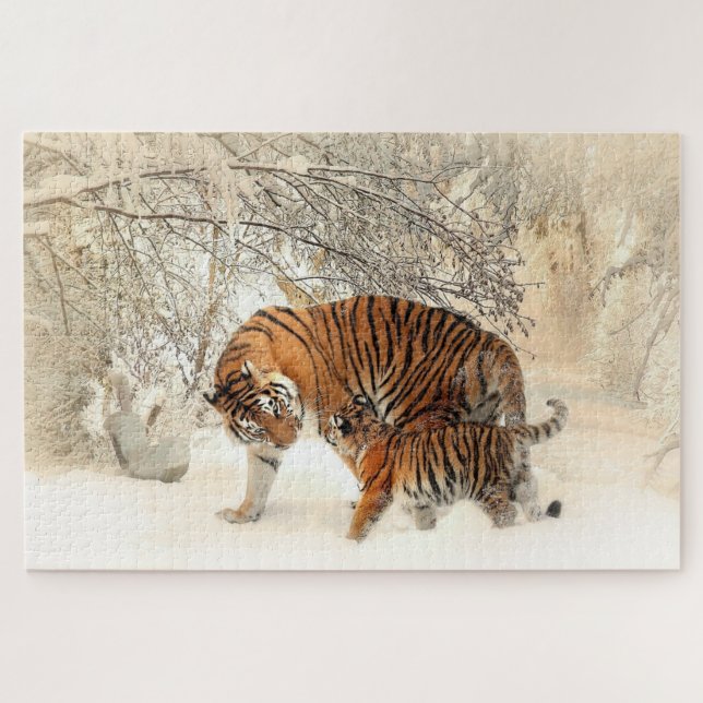Puzzle Famille Tiger dans le paysage hivernal Jigsaw Puzz (Horizontal)