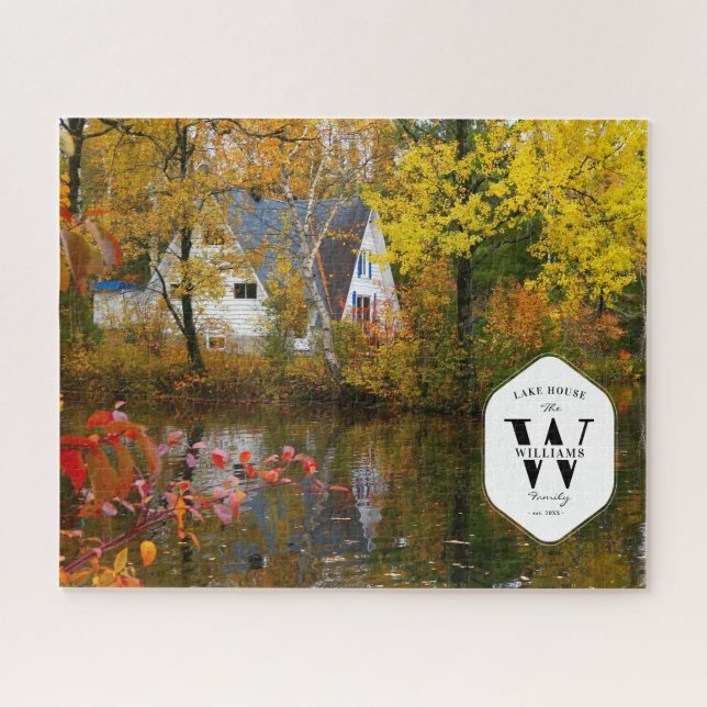 Puzzle Family Lake House Photo Monogram Keepsaké Cadeau (Horizontal)