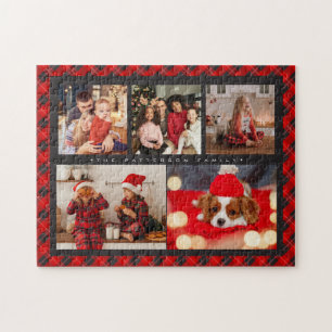 Puzzle Family Name 5 Photo Collage Red Plaid Modern