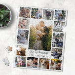 Puzzle Family Photo Collage 15 Pictures   Name White Easy<br><div class="desc">Celebrate your family or wedding memories with this beautiful photo collage jigsaw puzzle. This design includes one large central vertical photo, along with 2 smaller vertical photos and 12 square Instagram-style pictures, all on a white background. Add your name in gray. The words "Love - Happiness" can also be changed...</div>