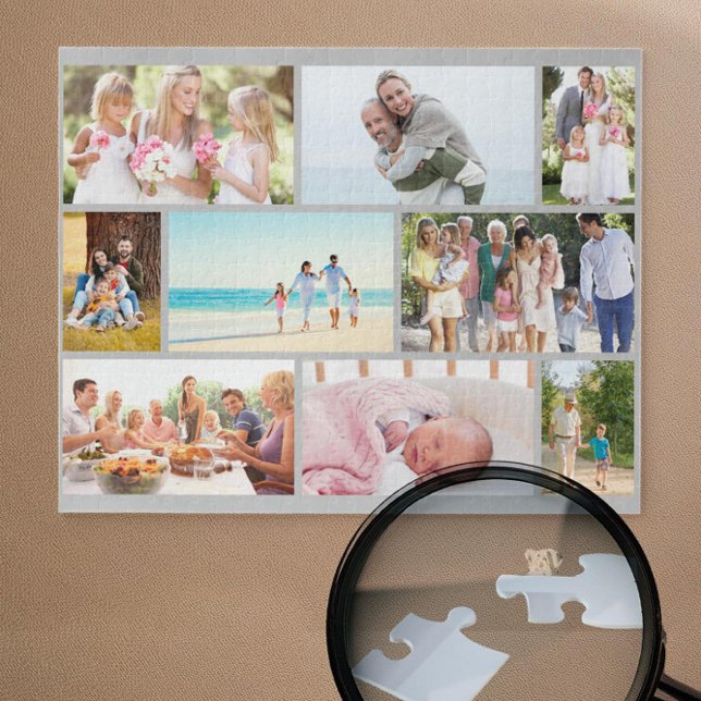 Puzzle Family Photo Collage Grey Masonry Grid Custom (Grey jigsaw puzzle with 9 pictures in masonry grid photo collage by Darling & May)