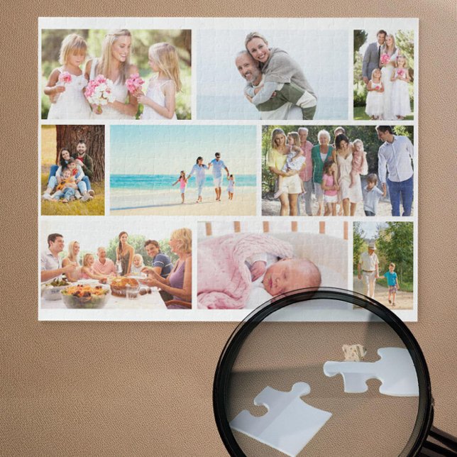 Puzzle Family Photo Collage White Masonry Grid Custom (White jigsaw puzzle with 9 pictures in masonry grid photo collage by Darling & May)