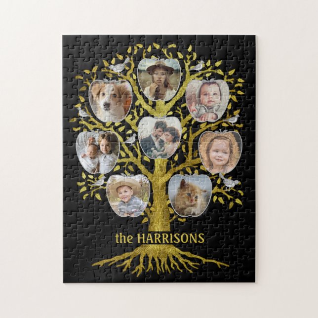 Puzzle Family Tree Photo Collage 8 Photos Nom Gold Black (Vertical)