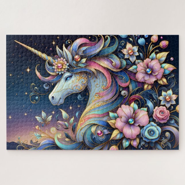 Puzzle Fantaisie de nuit de licorne florale (Horizontal)