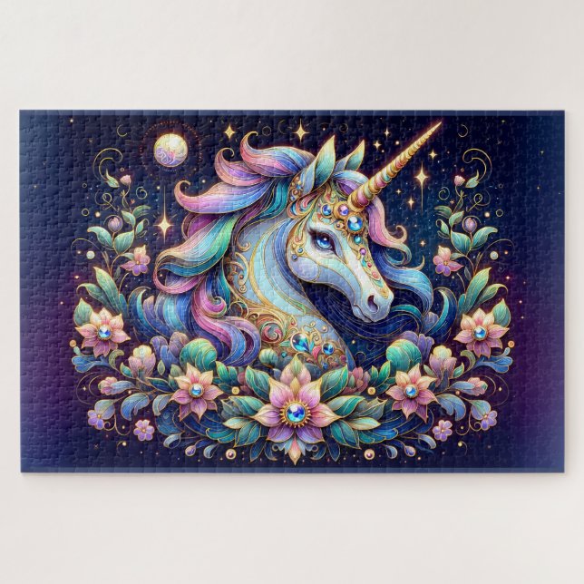 Puzzle Fantaisie florale de licorne aux tons de bijoux (Horizontal)
