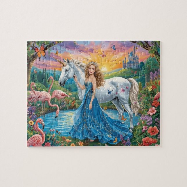 Puzzle Fantasy Unicorn Princess Castle Flamingo Art (Horizontal)