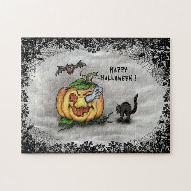 Puzzle Fantôme, Chat, Chat et Citrouille, Bonne Halloween (Horizontal)