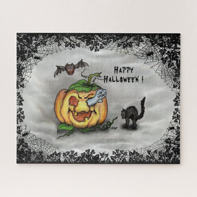 Puzzle Fantôme, Chat, Chat et Citrouille, Bonne Halloween (Horizontal)