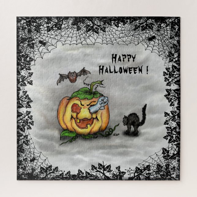Puzzle Fantôme, Chat, Chat et Citrouille, Bonne Halloween (Vertical)