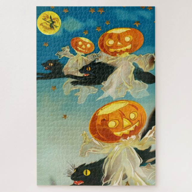 Puzzle Fantômes Citrouilles vintages d'Halloween et chats (Vertical)