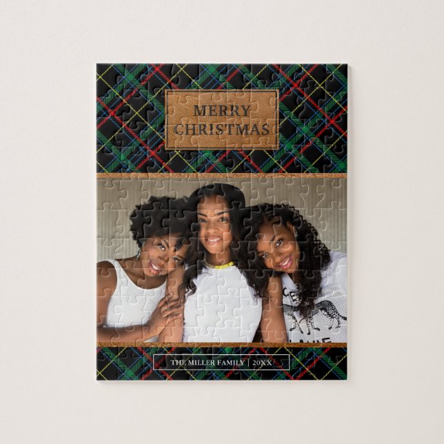Puzzle Faux cuir brun tartan rouge et vert de Noël (Vertical)