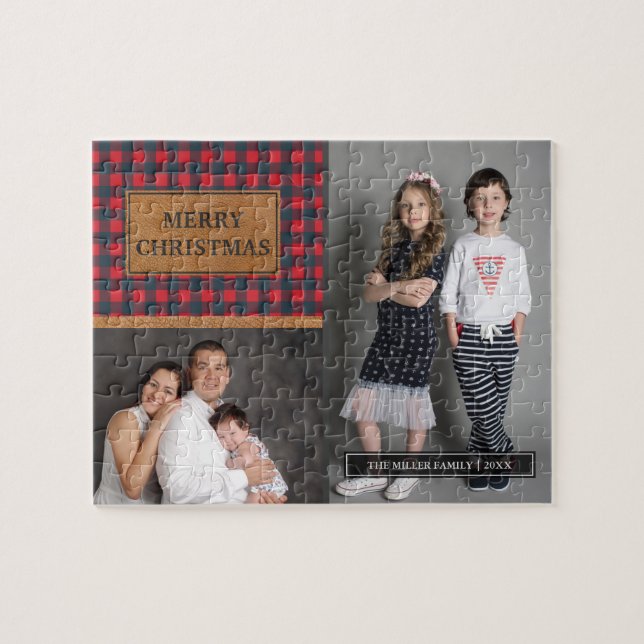 Puzzle Faux Leather Buffalo Plaid Christmas Photo Collage (Horizontal)
